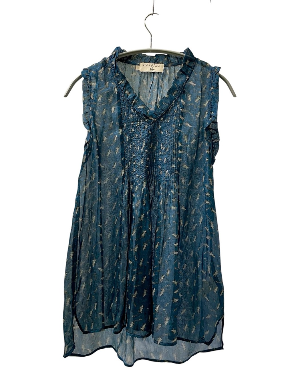 Cotelac Blue Silk Sleeveless Printed V-Neck Tank
